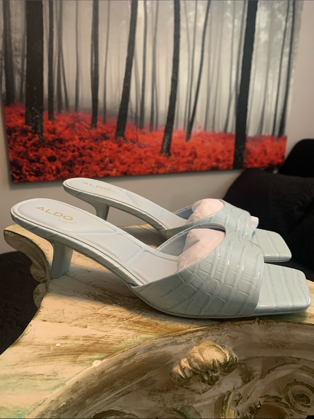 ALDO Light Blue Croc-Embossed Slide Heels with Pale Pink Accent